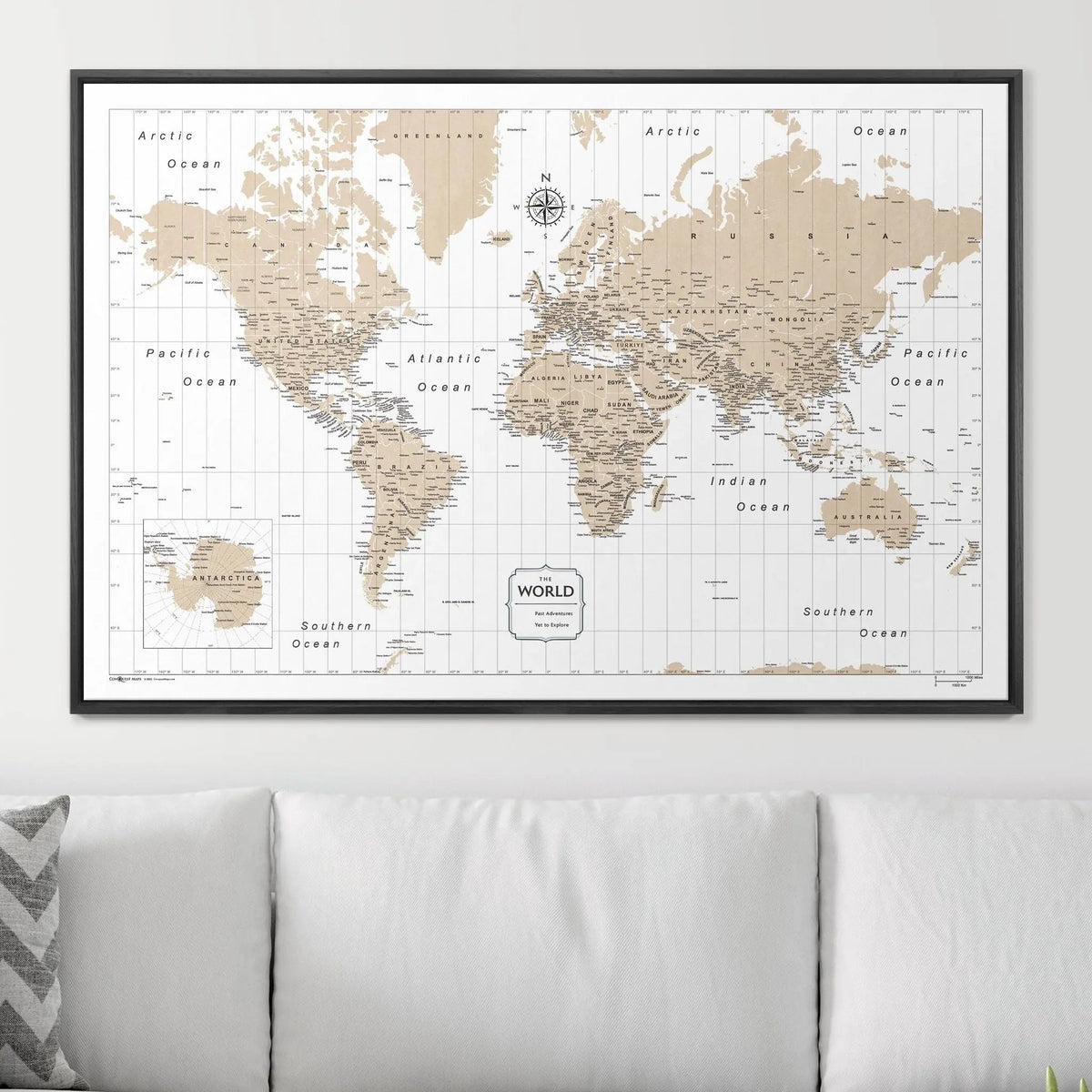 Push Pin World Map Pin Board - Light Brown Color Splash - Pins Included!