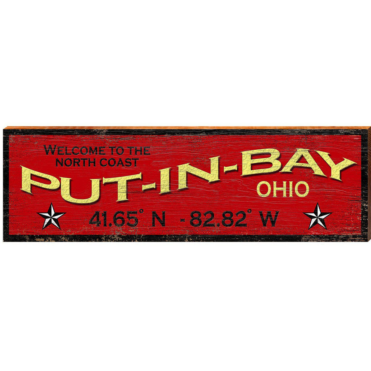 Welcome North Coast Put-In-Bay Ohio Red Latitude Longitude | Wall Art Print on Real Wood