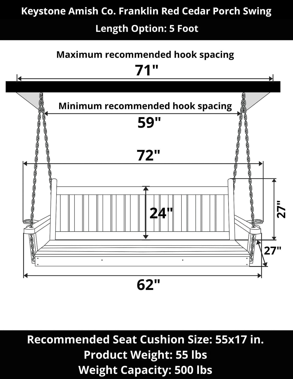 Keystone Amish Co. 5 Foot Franklin Red Cedar Porch Swing with Cup Holders