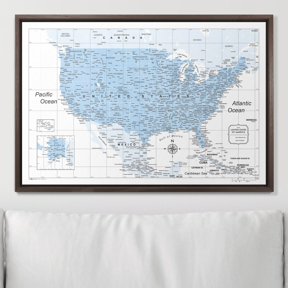 Push Pin USA Map Pin Board - Light Blue Color Splash - Pins Included!