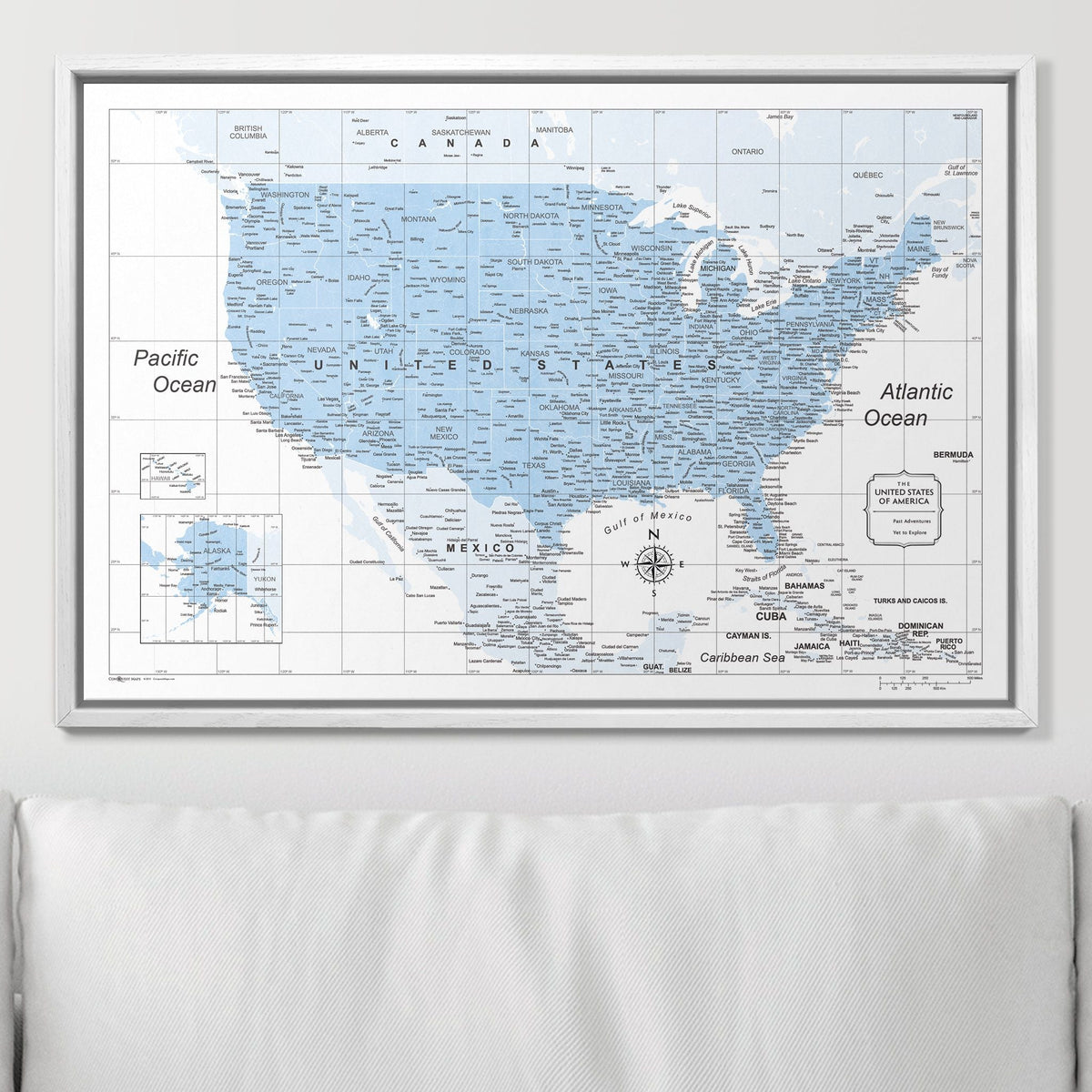 Push Pin USA Map Pin Board - Light Blue Color Splash - Pins Included!
