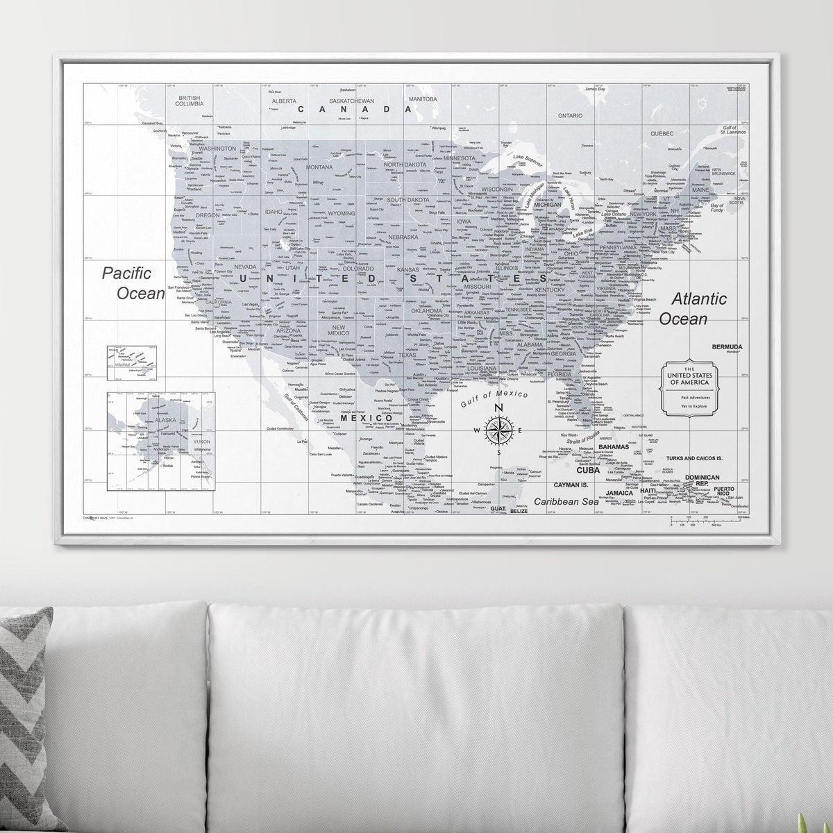 Push Pin USA Map Pin Board - Light Gray Color Splash- Pins Included!