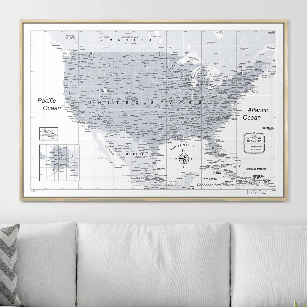 Push Pin USA Map Pin Board - Light Gray Color Splash- Pins Included!