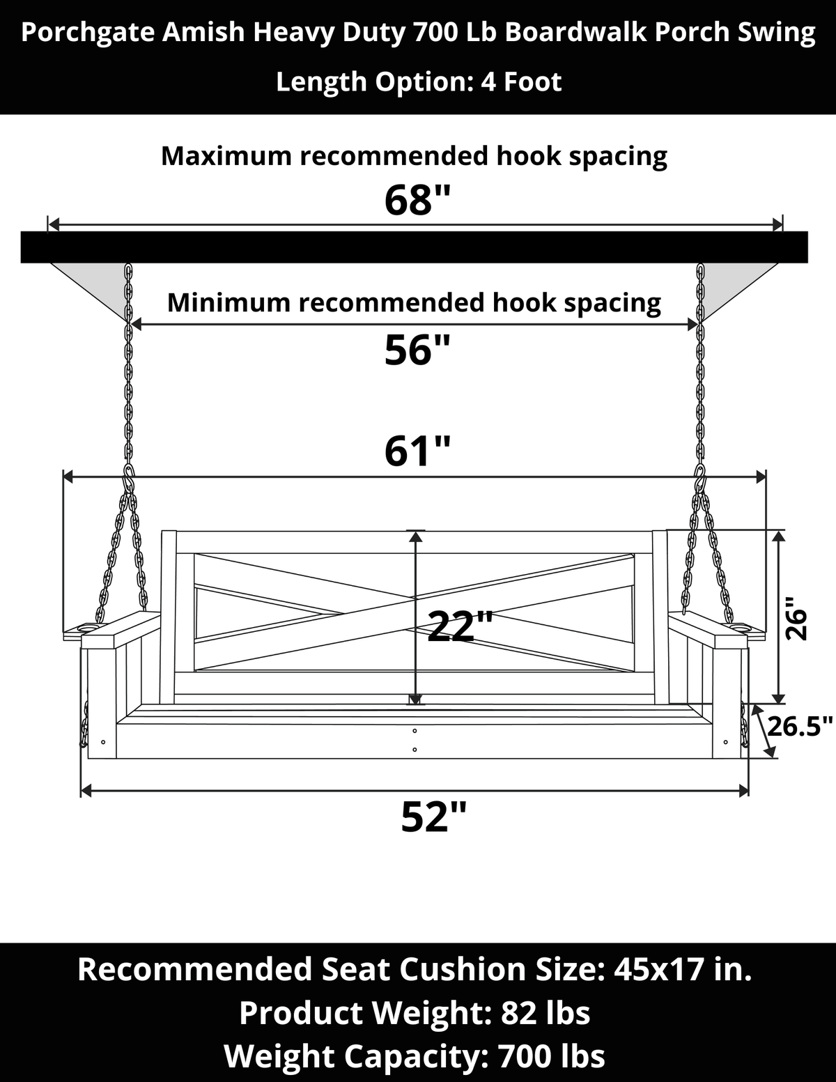 Porchgate Amish Heavy Duty 700 Lb 4-Foot Boardwalk Porch Swing - Oak Stain