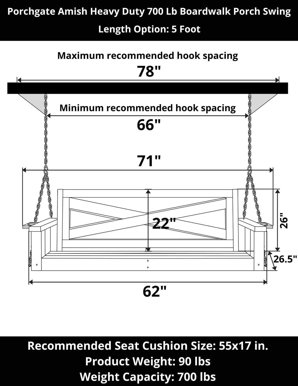 Porchgate Amish Heavy Duty 700 Lb 5-Foot Boardwalk Porch Swing - Pure White