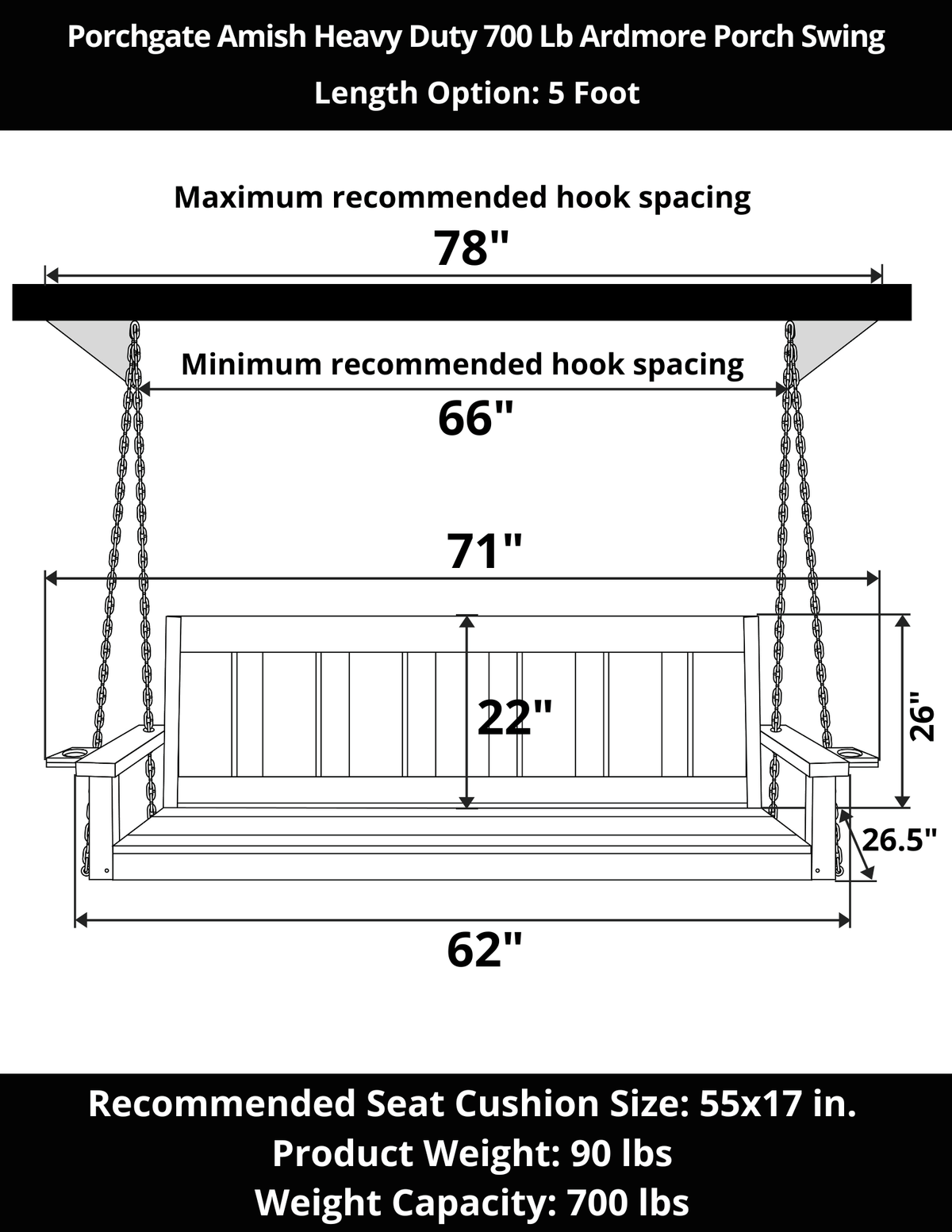 Porchgate Amish Heavy Duty 700 Lb 5-Foot Ardmore Porch Swing - Dovetail Grey