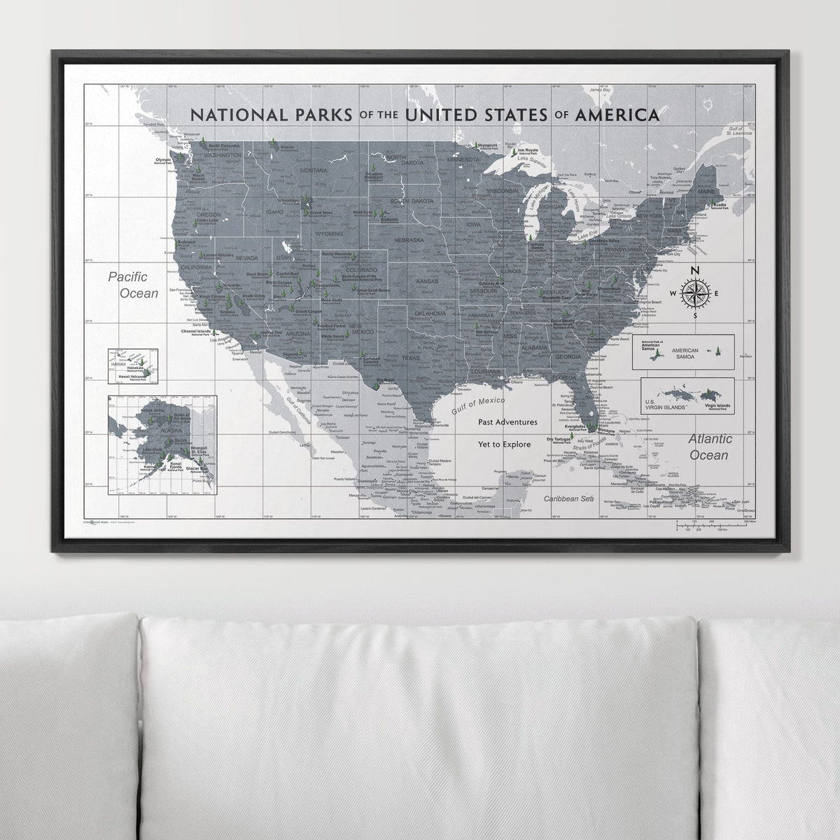 Push Pin National Parks Map - Dark Gray Color Splash - Pins Included!
