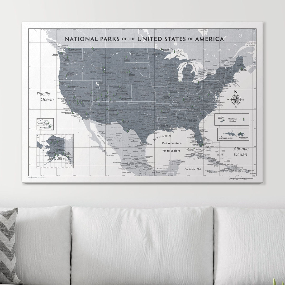 Push Pin National Parks Map - Dark Gray Color Splash - Pins Included!