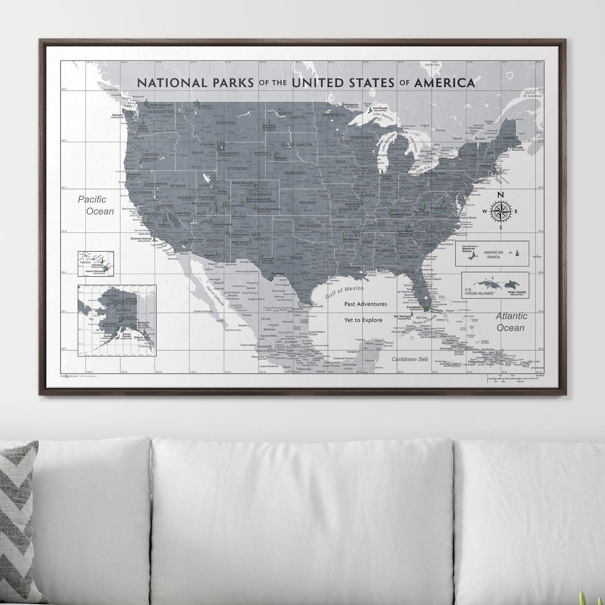 Push Pin National Parks Map - Dark Gray Color Splash - Pins Included!