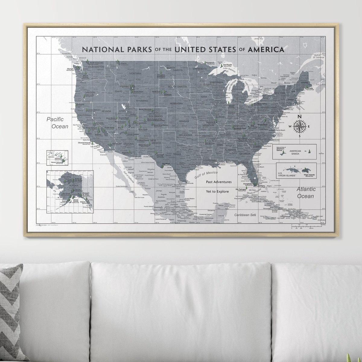 Push Pin National Parks Map - Dark Gray Color Splash - Pins Included!