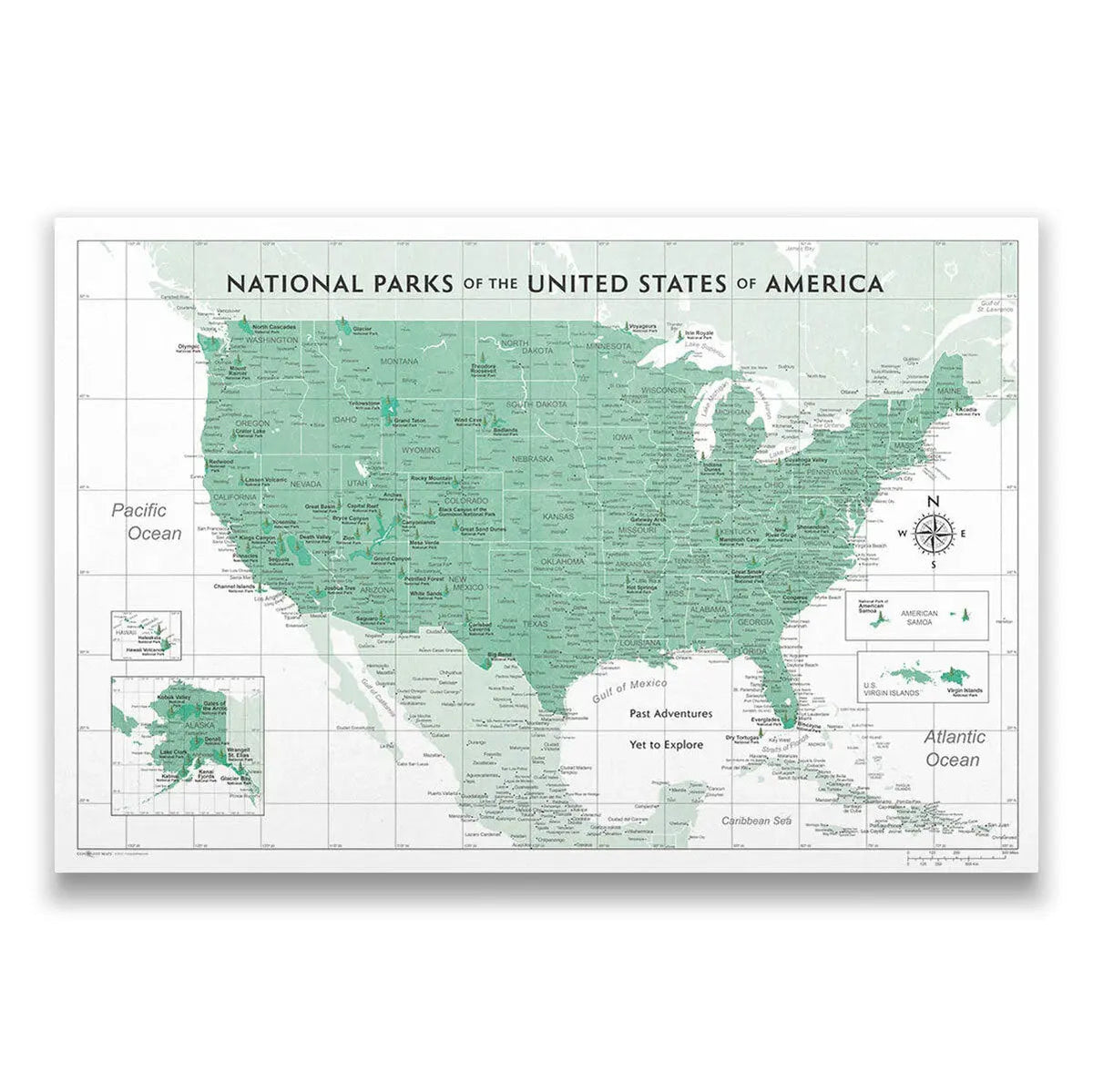 Push Pin National Parks Map - Green Color Splash - Pins Included!