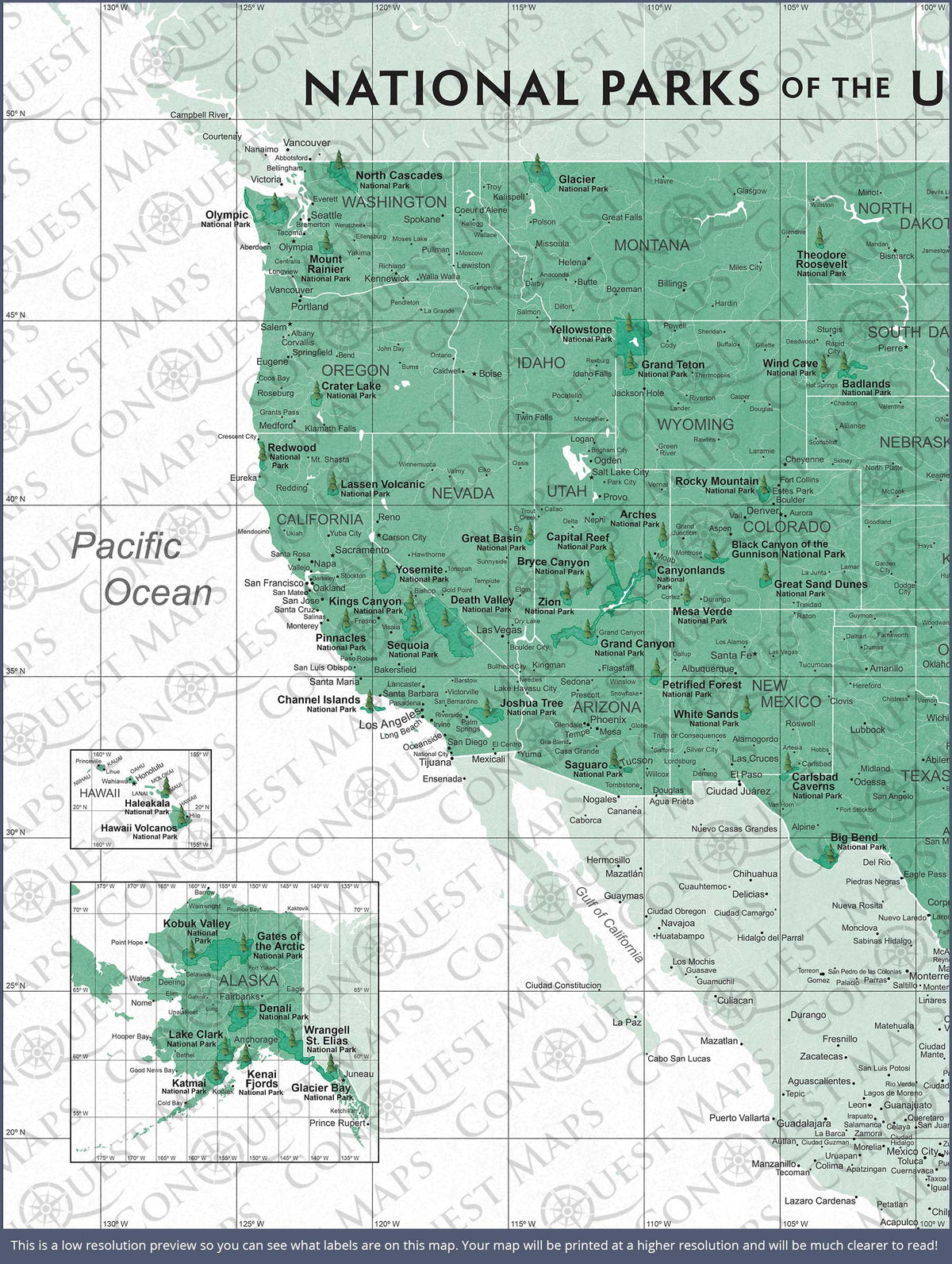 Push Pin National Parks Map - Green Color Splash - Pins Included!