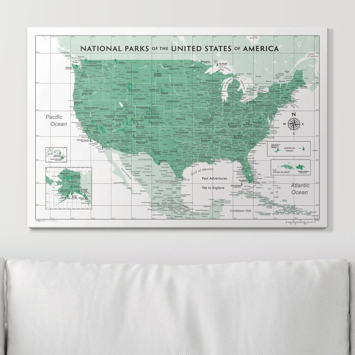 Push Pin National Parks Map - Green Color Splash - Pins Included!