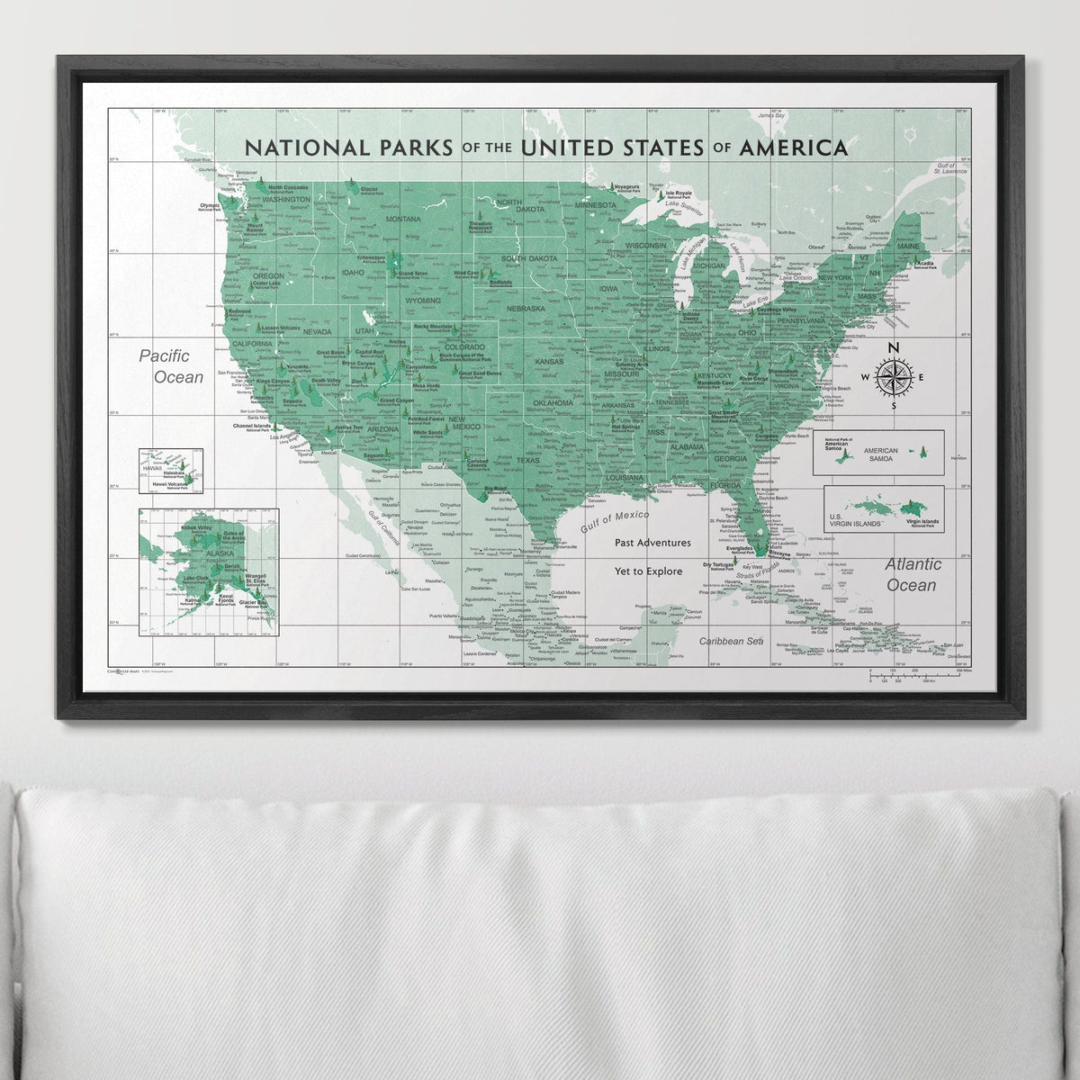 Push Pin National Parks Map - Green Color Splash - Pins Included!