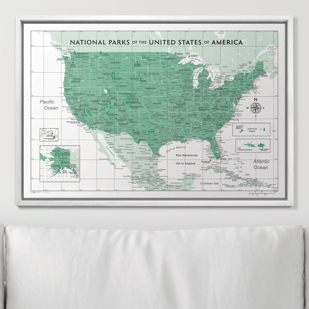 Push Pin National Parks Map - Green Color Splash - Pins Included!