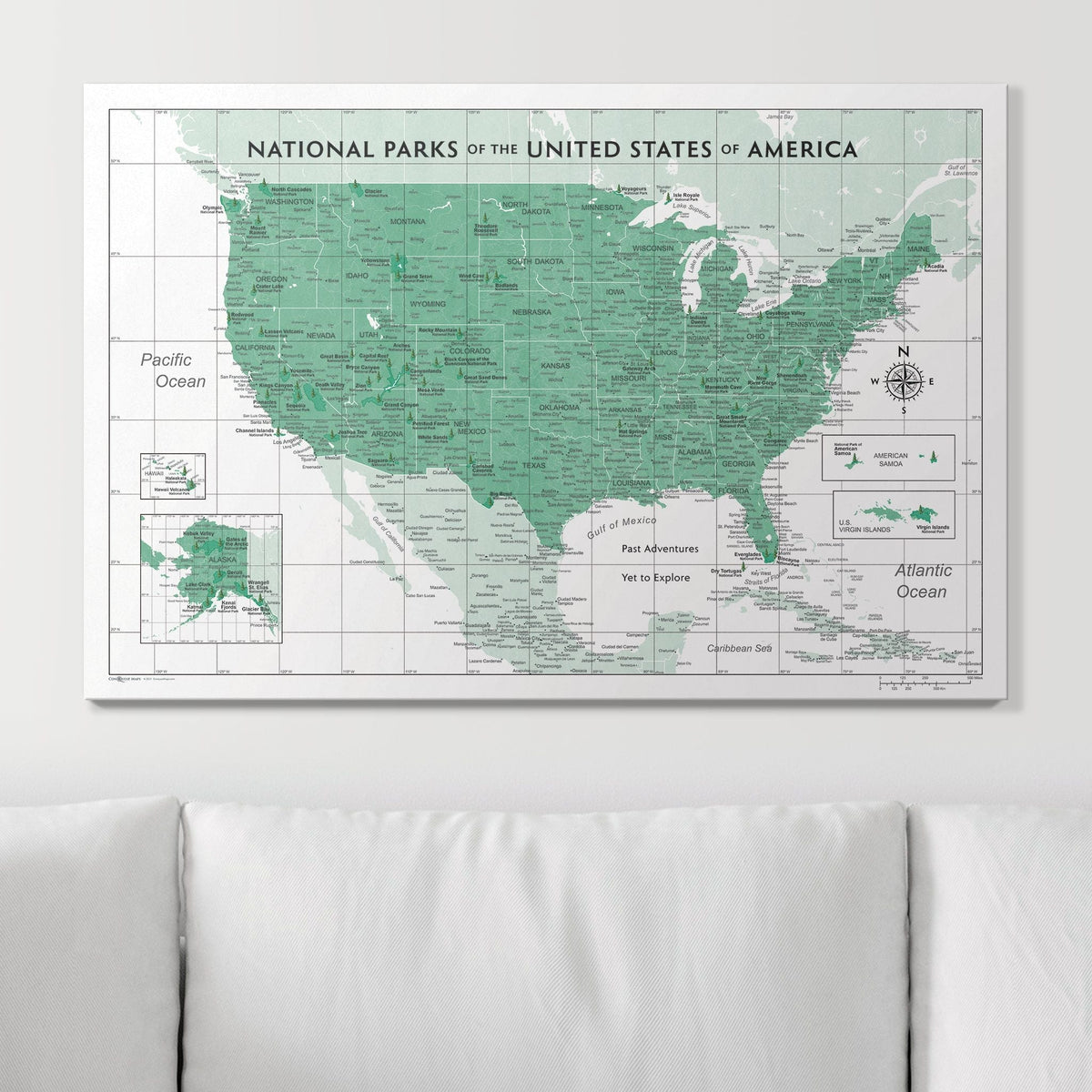 Push Pin National Parks Map - Green Color Splash - Pins Included!