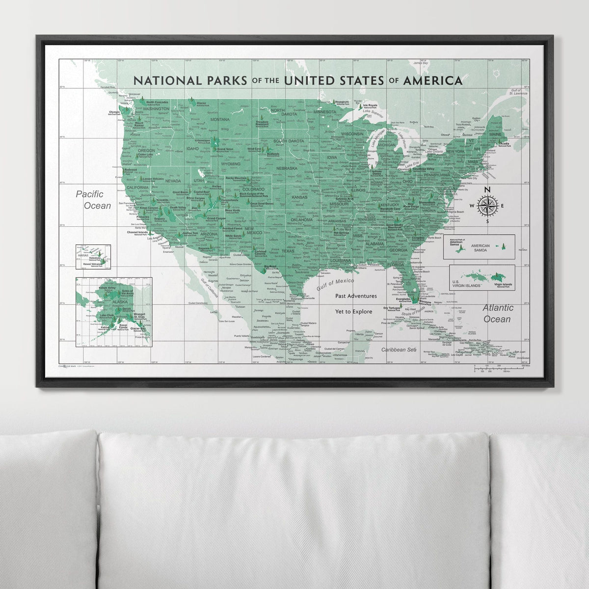 Push Pin National Parks Map - Green Color Splash - Pins Included!