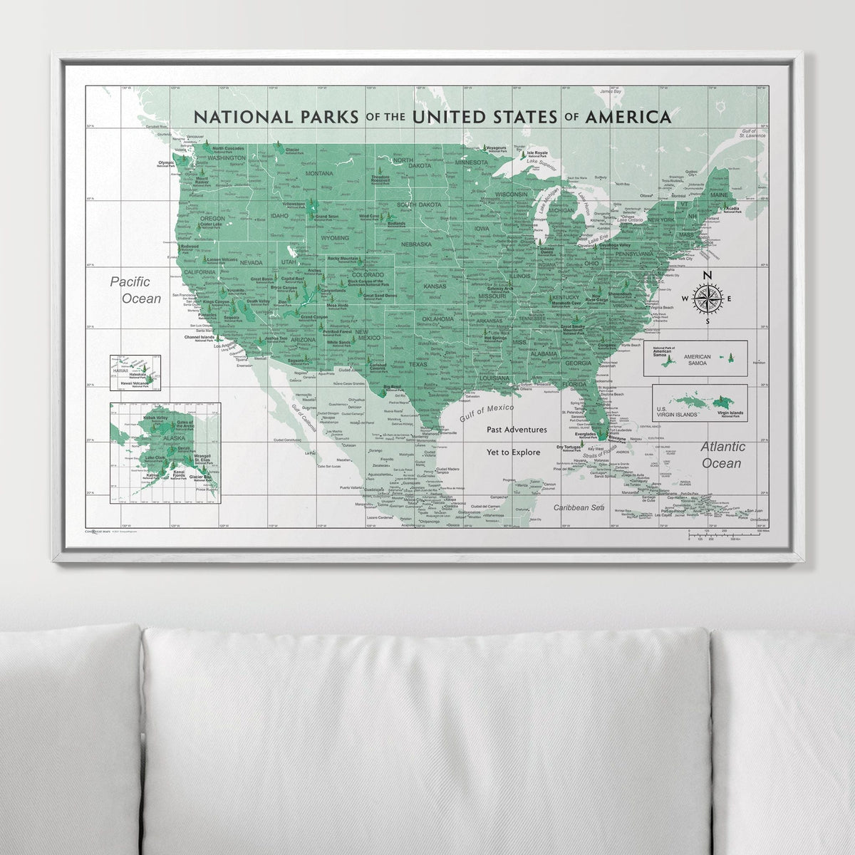 Push Pin National Parks Map - Green Color Splash - Pins Included!