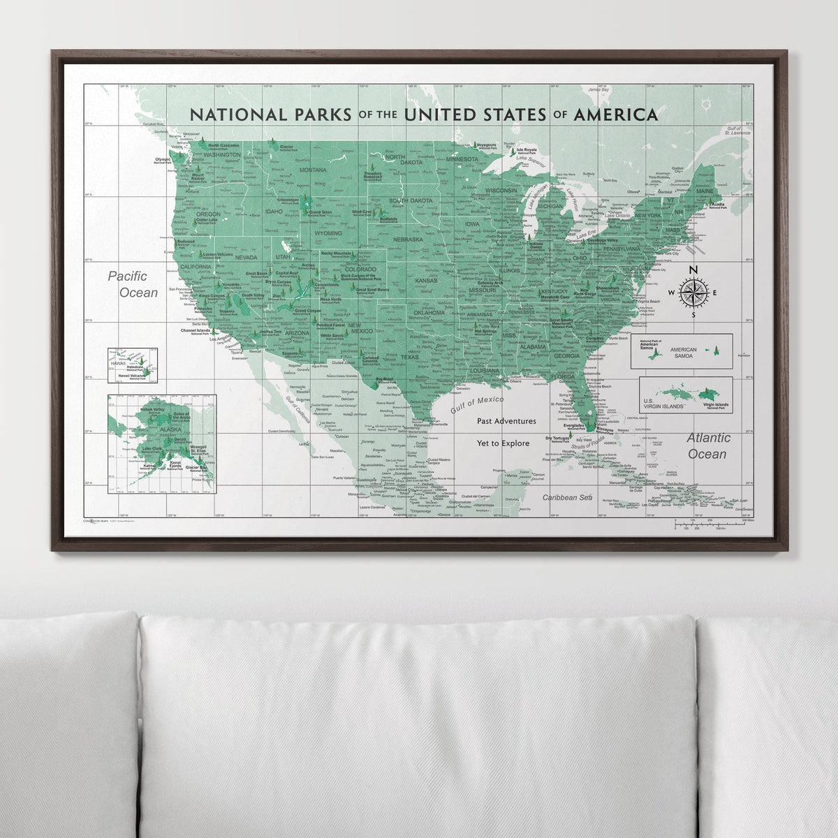 Push Pin National Parks Map - Green Color Splash - Pins Included!