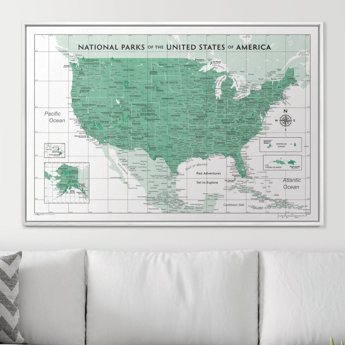 Push Pin National Parks Map - Green Color Splash - Pins Included!