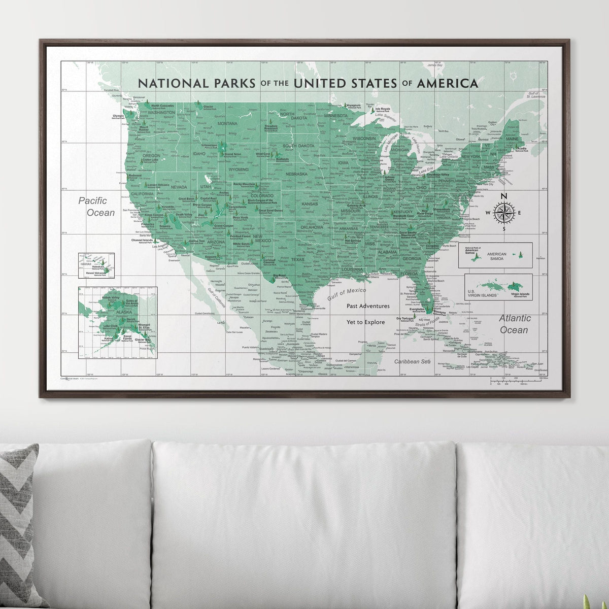 Push Pin National Parks Map - Green Color Splash - Pins Included!