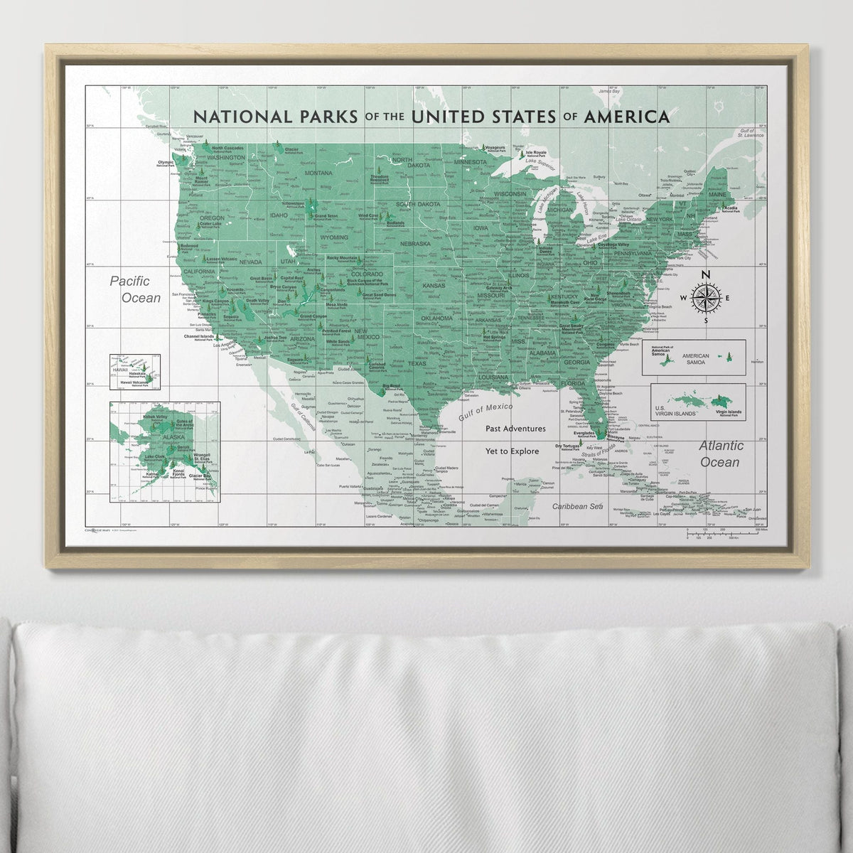 Push Pin National Parks Map - Green Color Splash - Pins Included!