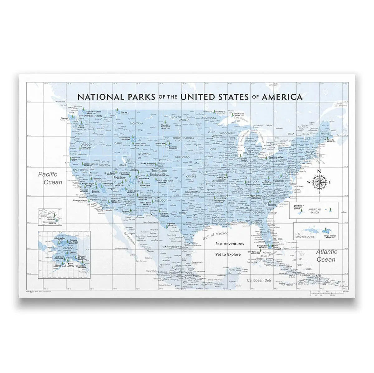 Push Pin National Parks Map - Light Blue Color Splash - Pins Included!