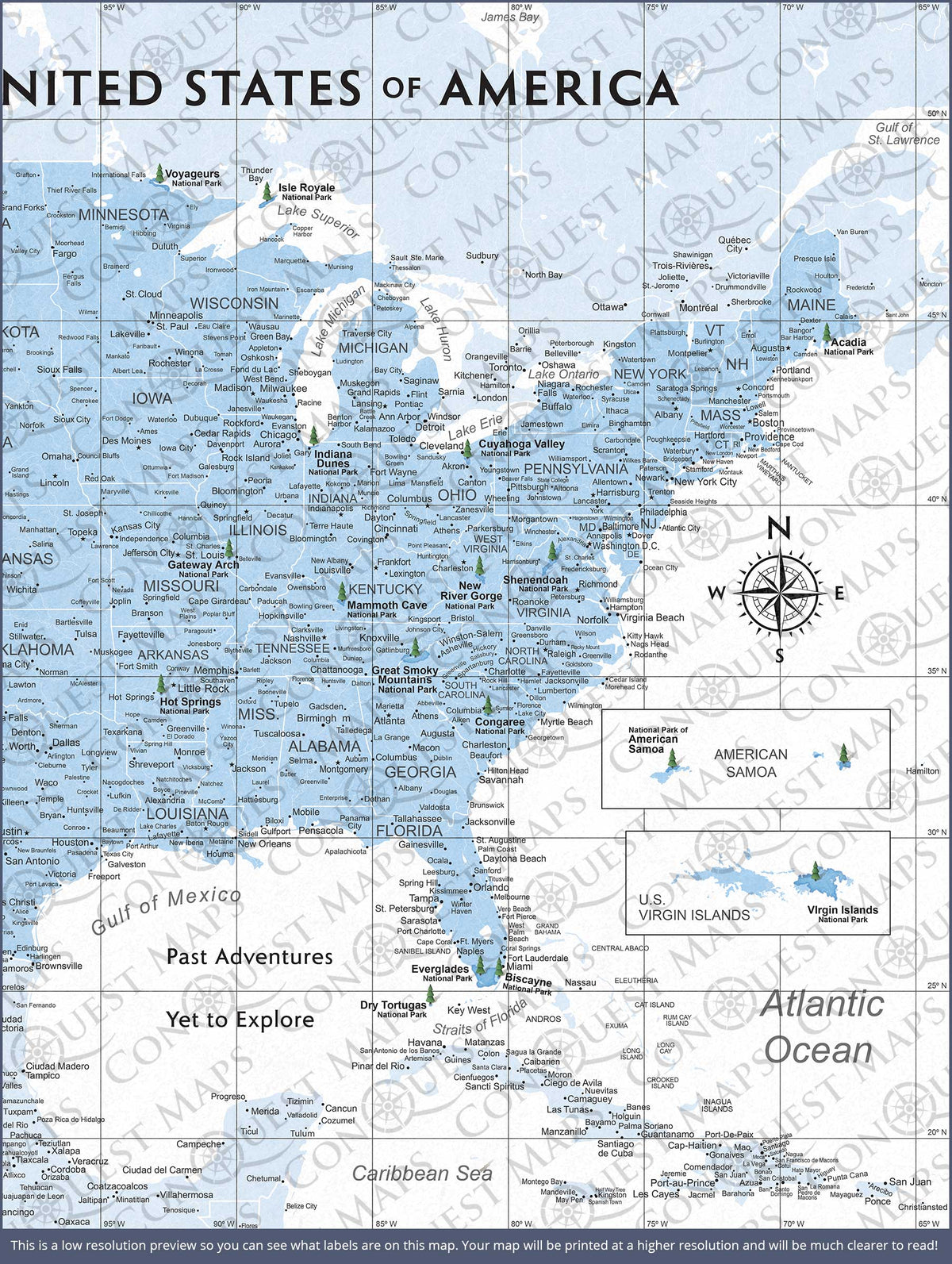 Push Pin National Parks Map - Light Blue Color Splash - Pins Included!