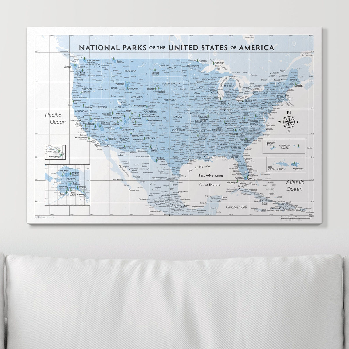 Push Pin National Parks Map - Light Blue Color Splash - Pins Included!