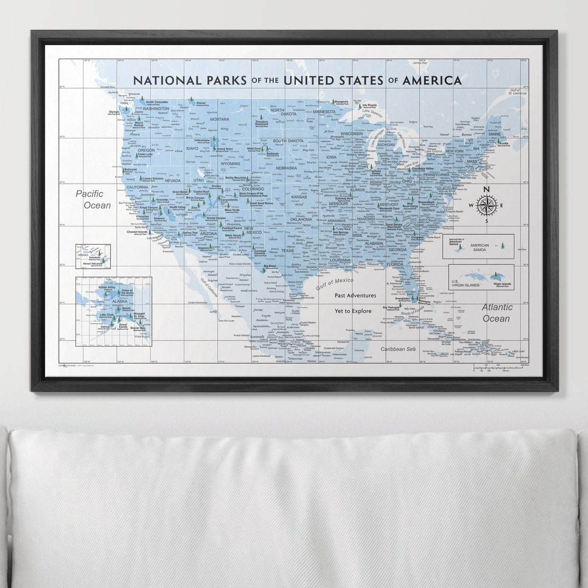 Push Pin National Parks Map - Light Blue Color Splash - Pins Included!