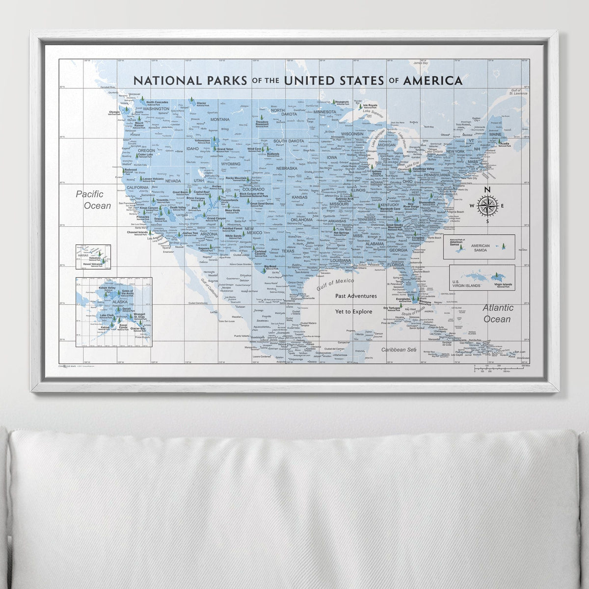 Push Pin National Parks Map - Light Blue Color Splash - Pins Included!