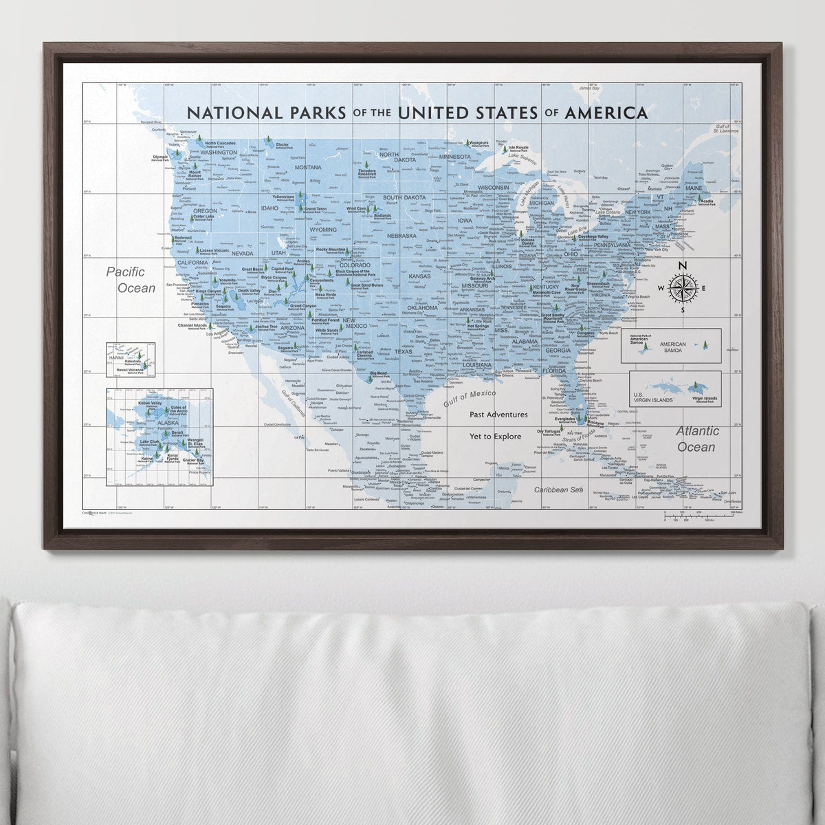 Push Pin National Parks Map - Light Blue Color Splash - Pins Included!