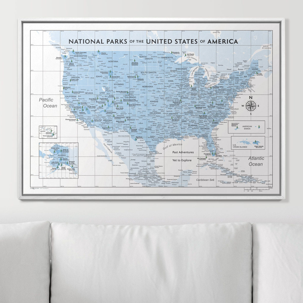 Push Pin National Parks Map - Light Blue Color Splash - Pins Included!