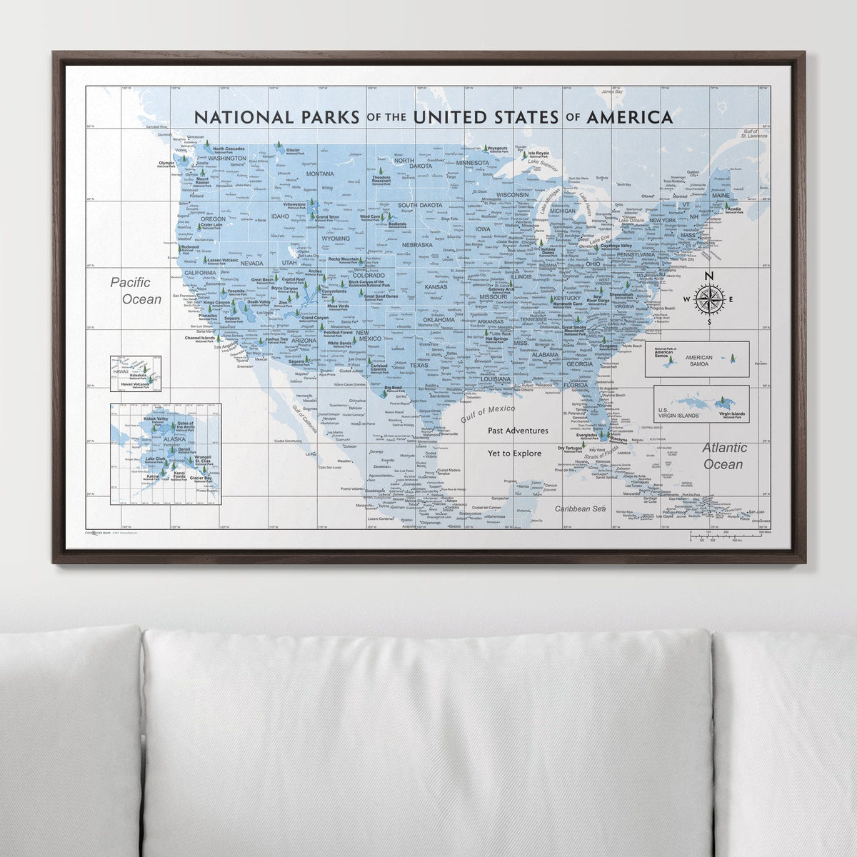 Push Pin National Parks Map - Light Blue Color Splash - Pins Included!