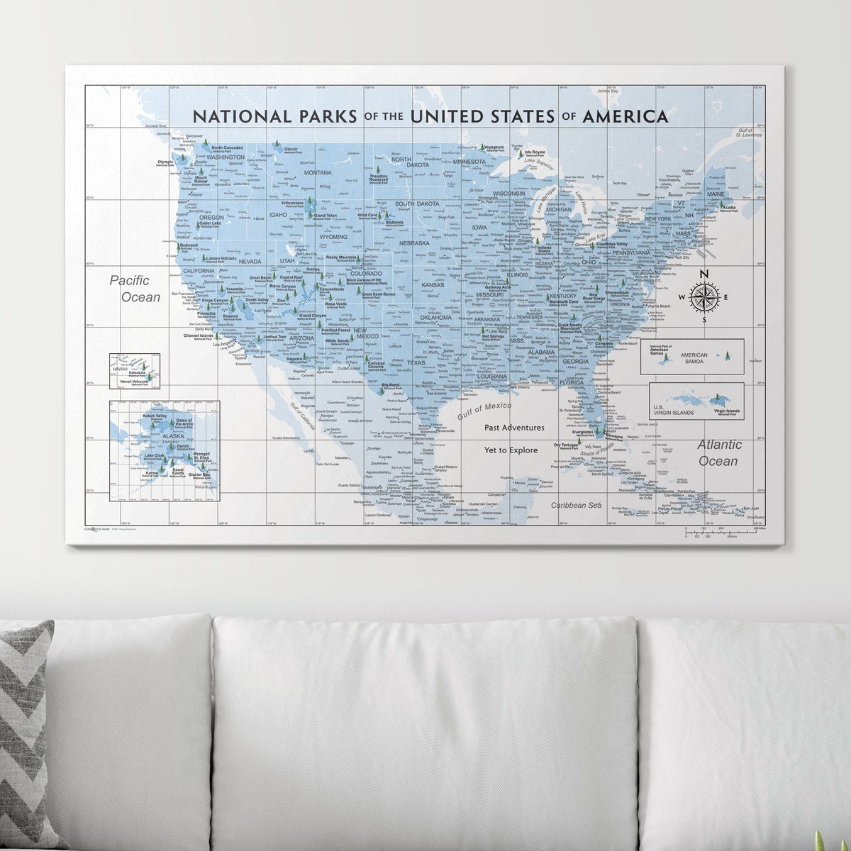 Push Pin National Parks Map - Light Blue Color Splash - Pins Included!
