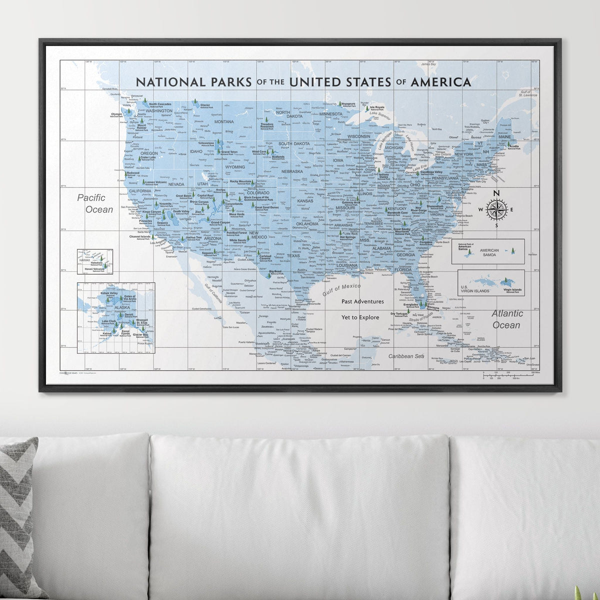 Push Pin National Parks Map - Light Blue Color Splash - Pins Included!