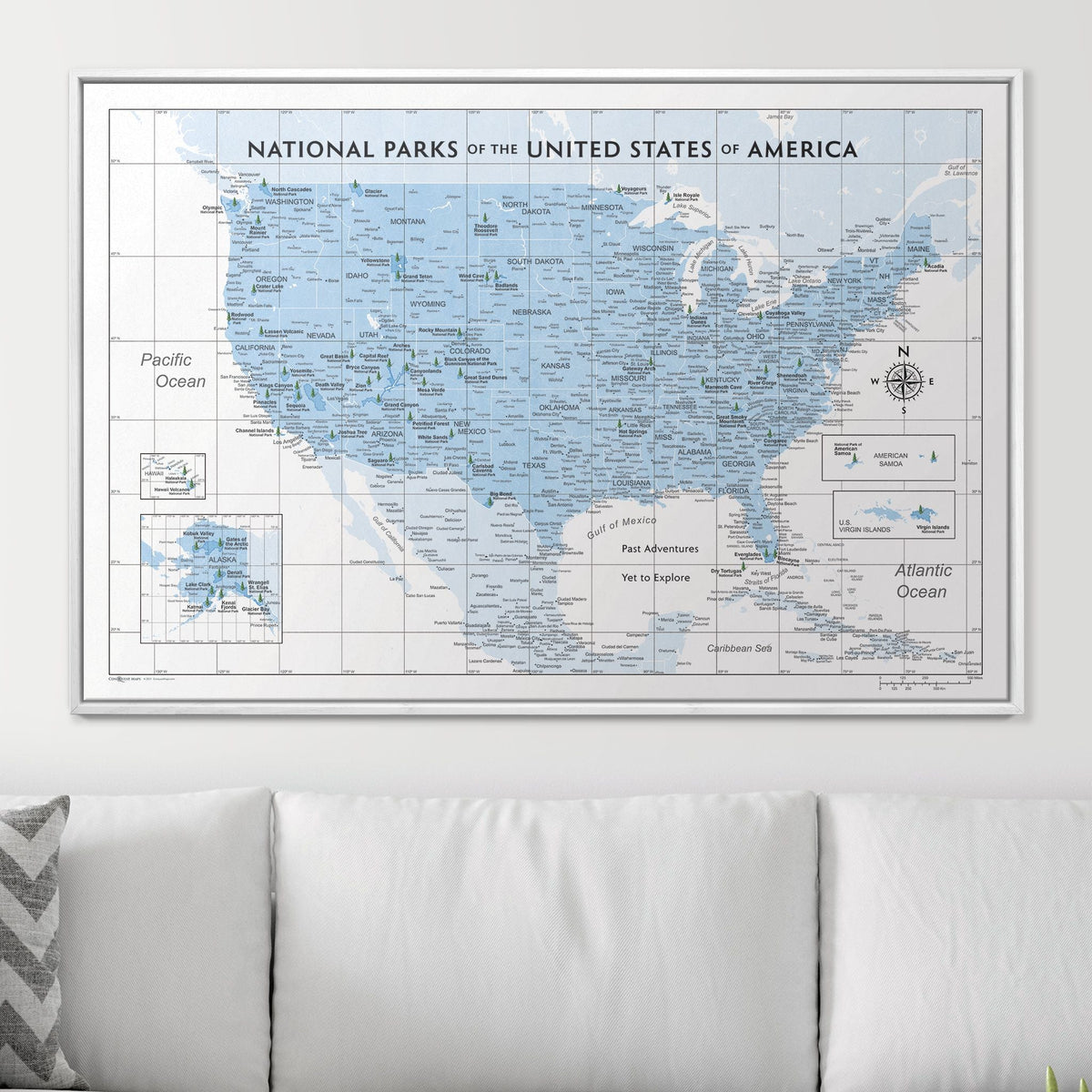 Push Pin National Parks Map - Light Blue Color Splash - Pins Included!