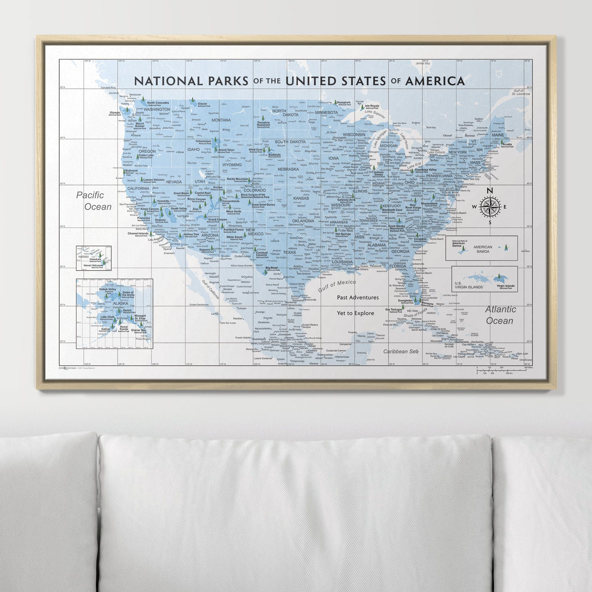Push Pin National Parks Map - Light Blue Color Splash - Pins Included!