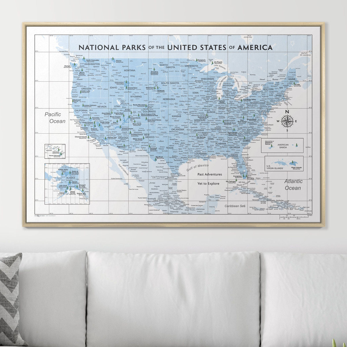 Push Pin National Parks Map - Light Blue Color Splash - Pins Included!