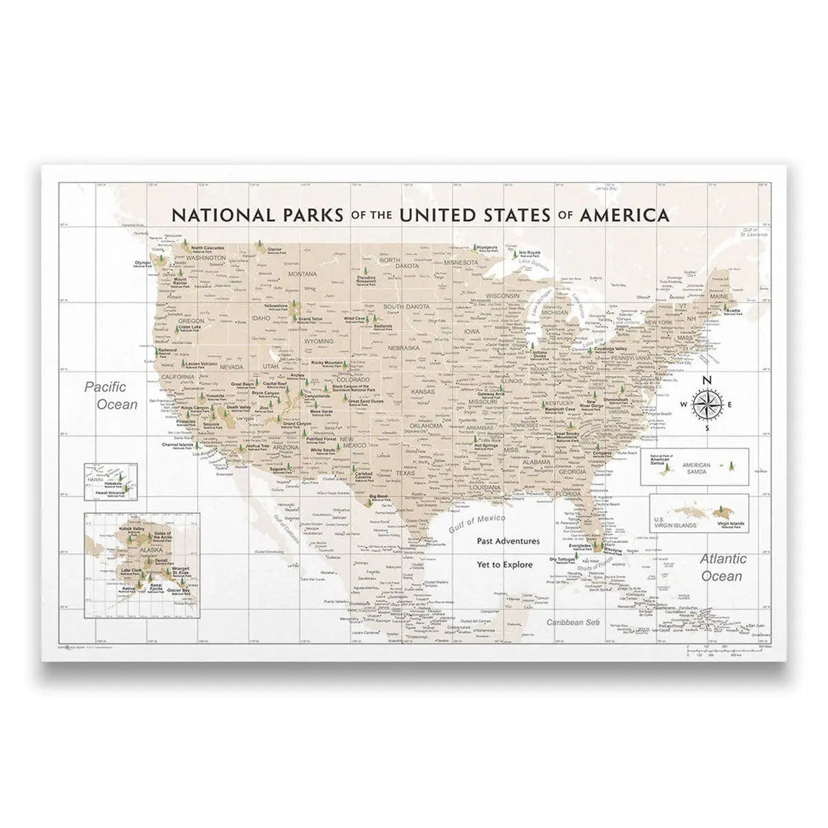 Push Pin National Parks Map - Light Brown Color Splash - Pins Included!
