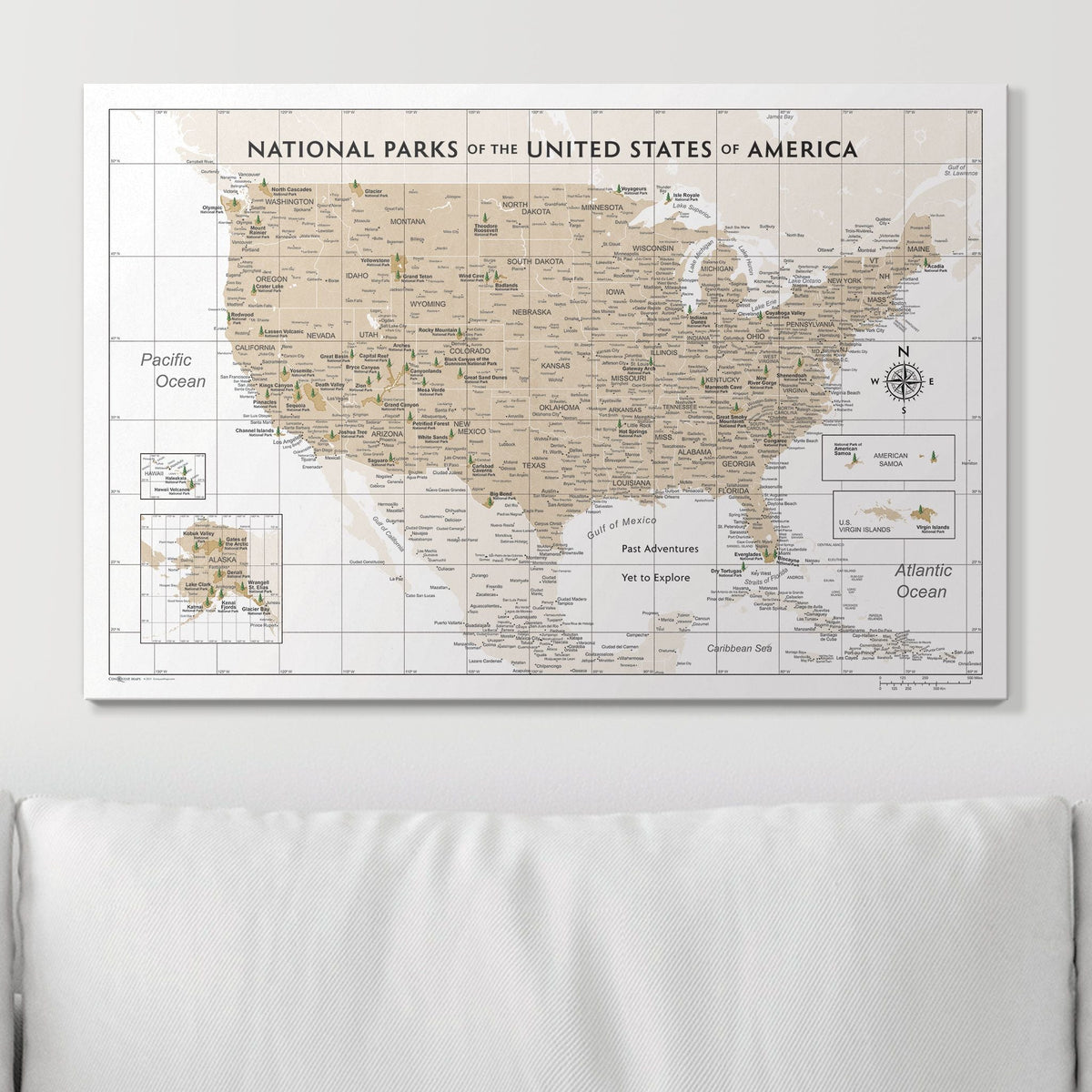 Push Pin National Parks Map - Light Brown Color Splash - Pins Included!