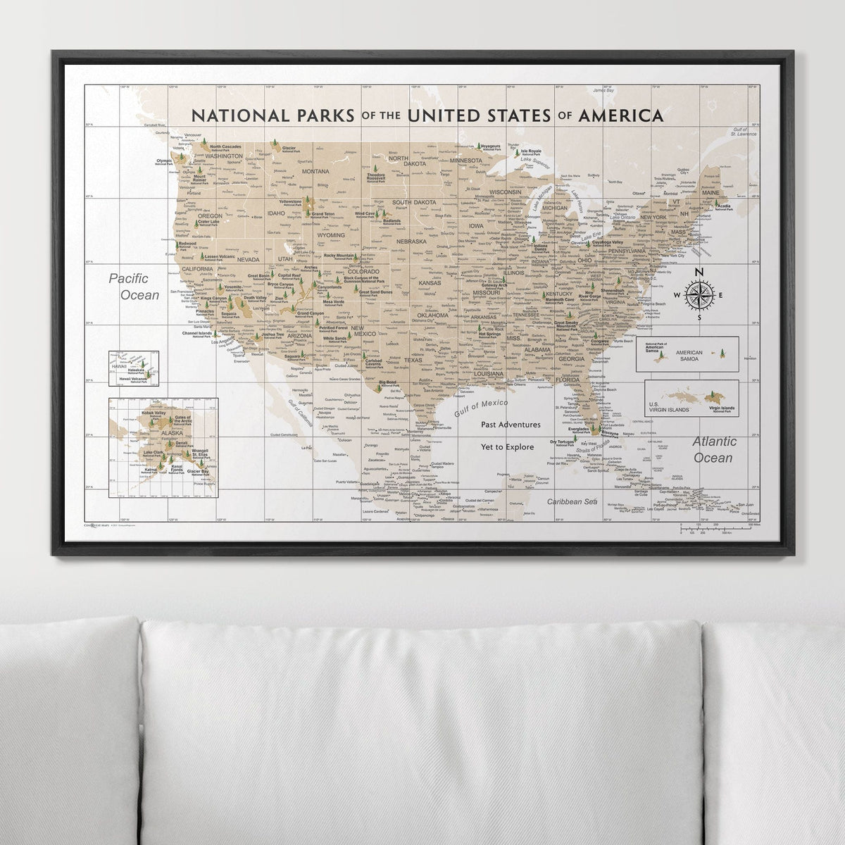 Push Pin National Parks Map - Light Brown Color Splash - Pins Included!