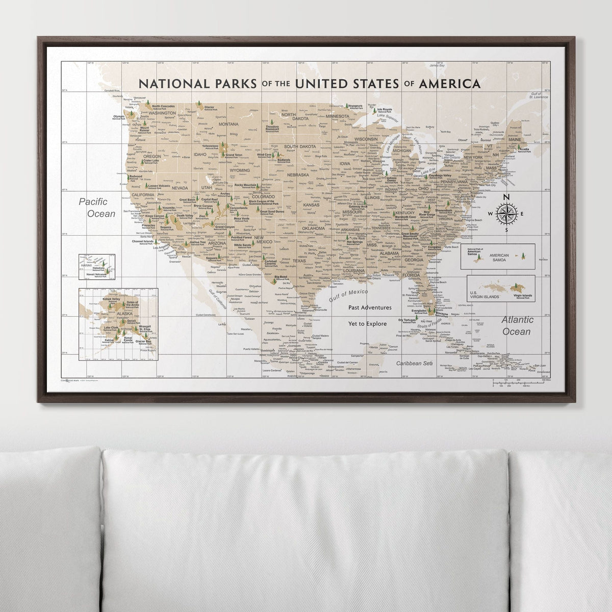 Push Pin National Parks Map - Light Brown Color Splash - Pins Included!