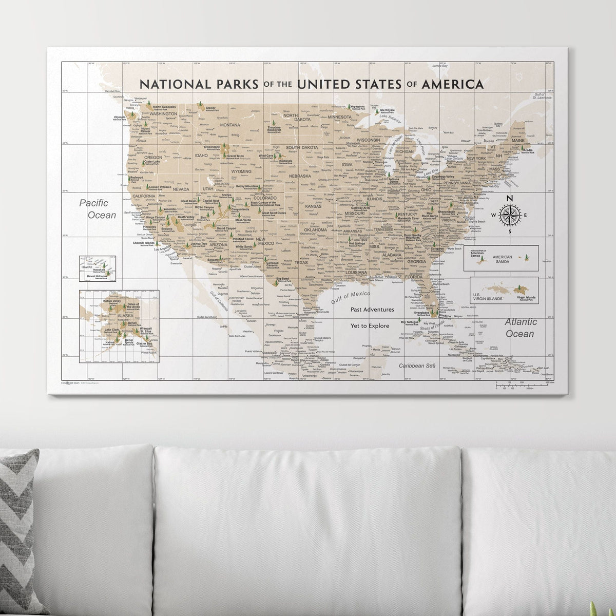 Push Pin National Parks Map - Light Brown Color Splash - Pins Included!
