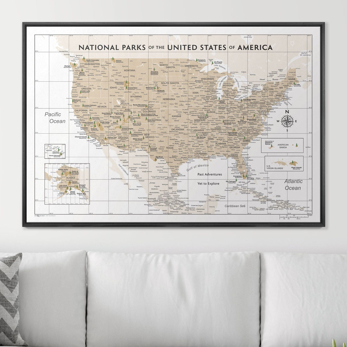 Push Pin National Parks Map - Light Brown Color Splash - Pins Included!