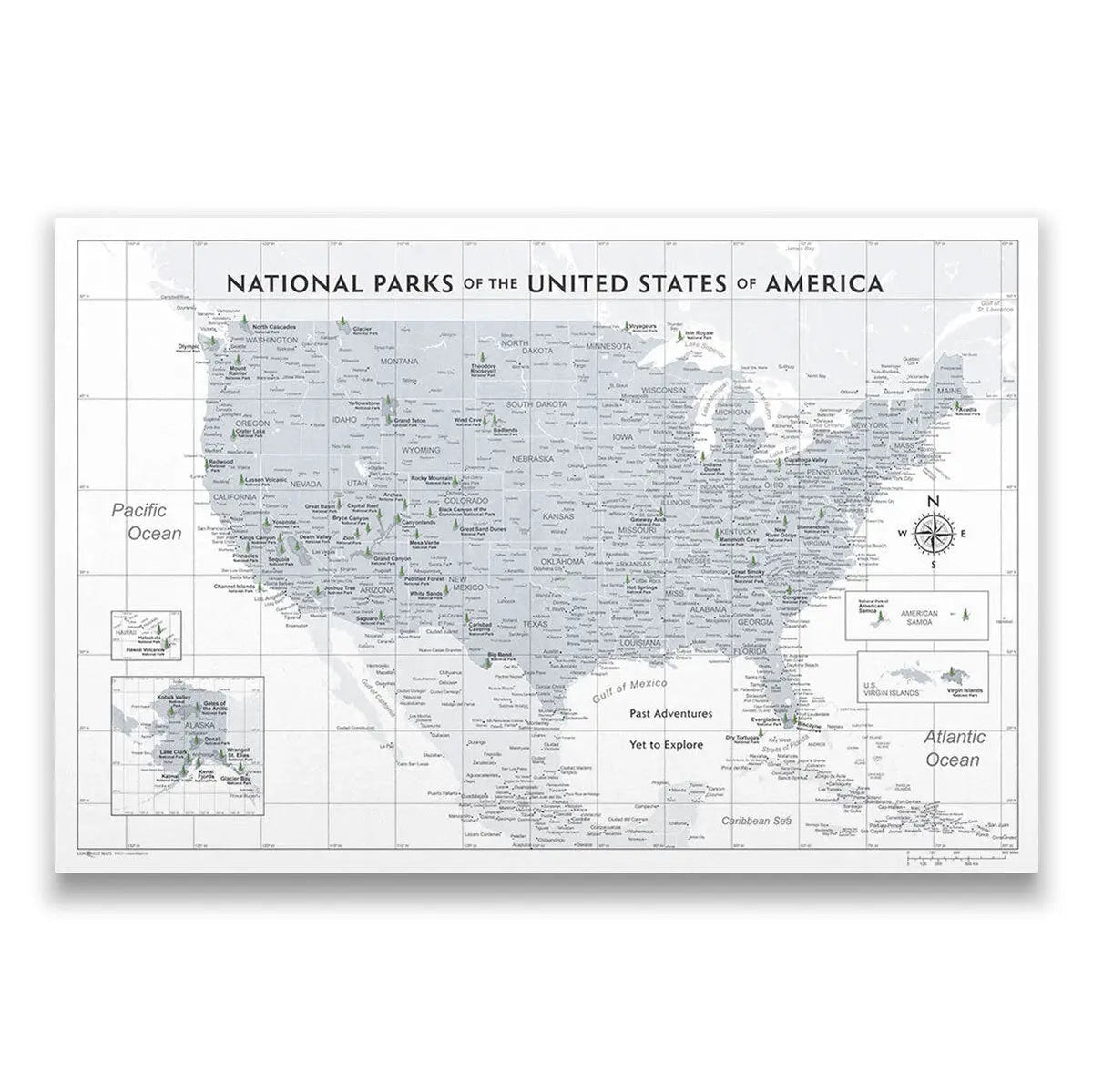 Push Pin National Parks Map - Light Gray Color Splash - Pins Included!