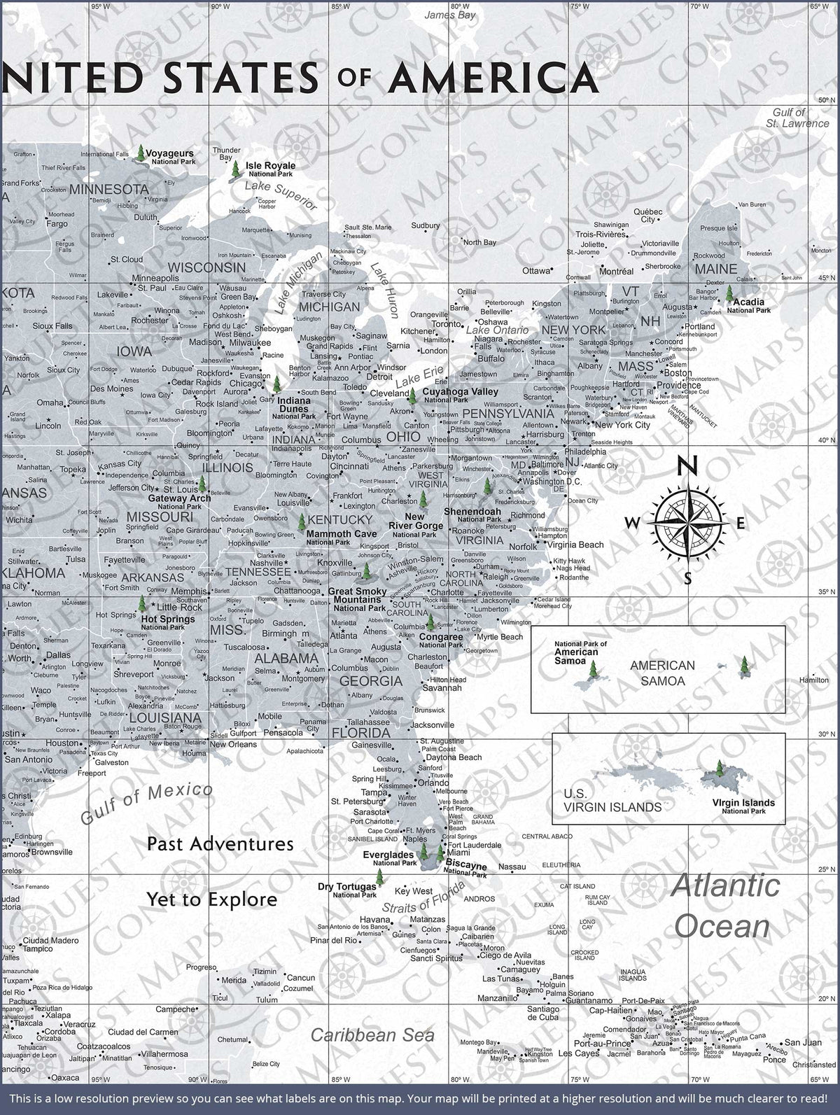 Push Pin National Parks Map - Light Gray Color Splash - Pins Included!