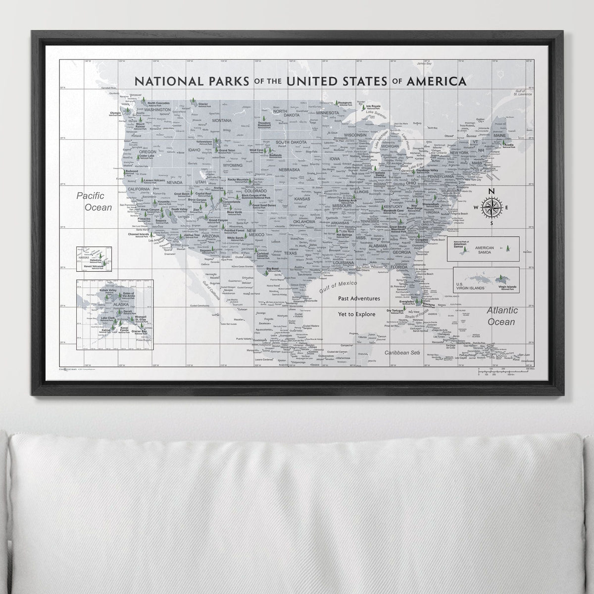 Push Pin National Parks Map - Light Gray Color Splash - Pins Included!