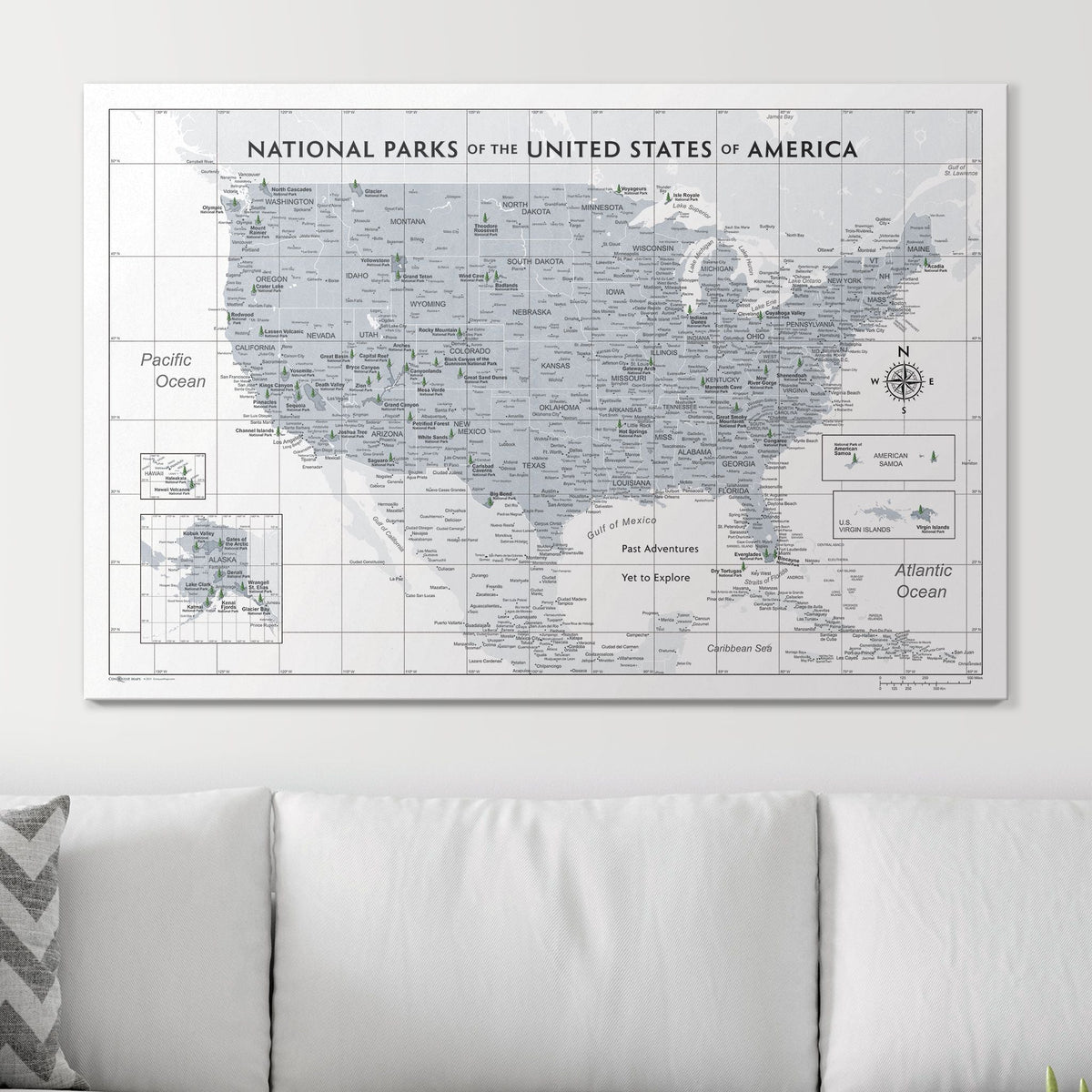 Push Pin National Parks Map - Light Gray Color Splash - Pins Included!