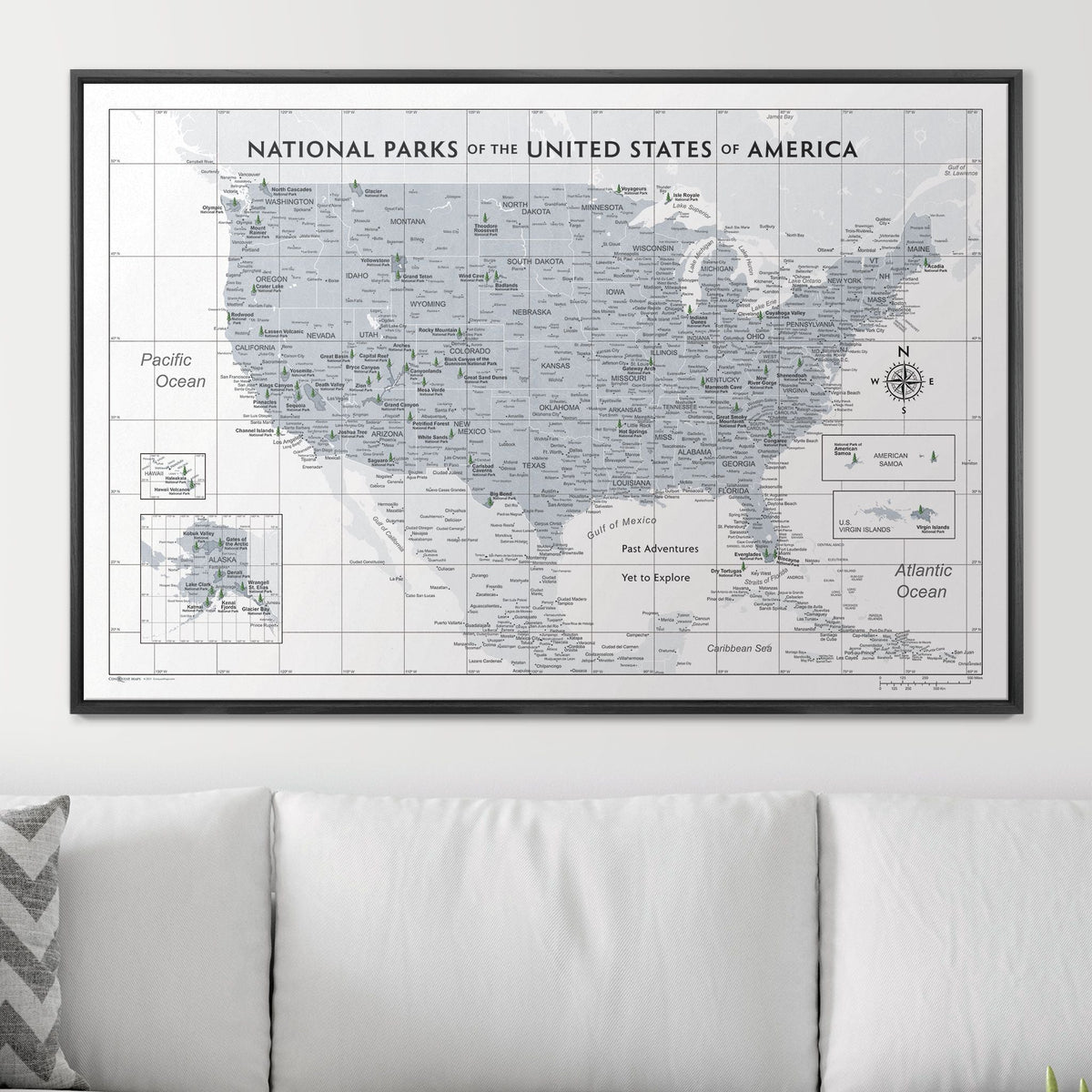 Push Pin National Parks Map - Light Gray Color Splash - Pins Included!